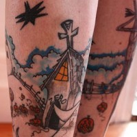 Tatuaje de un paisaje de dibujos animados en ambas piernas.
