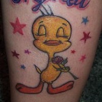 Tweety bird with rose tattoo