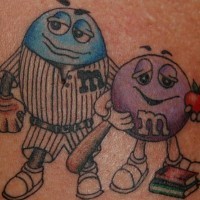 Cartoonish m and ms tattoo