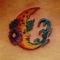 Cartoonish moon and flowers tattoo