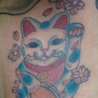 maneki - neko gatto con sacura tatuaggio colorato