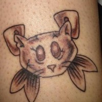 Cat head with fish bones tattoo