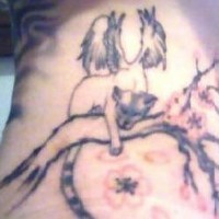 Winged cat on sakura tree tattoo
