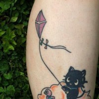 Black kitty with kite on cloud tattoo