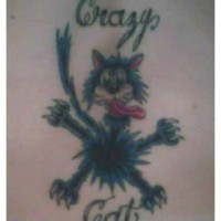 Crazy black cat tattoo with writings