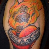 Cross in flame on heart coloured tattoo