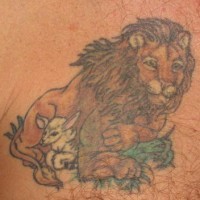 Lion with sheep tattoo in colour