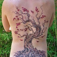 Tatuaje en la espalda, árbol antiguo con hojas