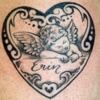 Sleeping cherub in heart tattoo