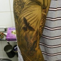 Angel statues and flying doves full sleeve tattoo