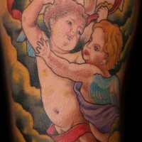 Colourful cherubs in clouds tattoo
