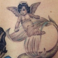 Cherub holding mermaid tail tattoo