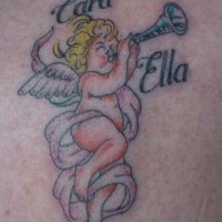 Singing cherub coloured tattoo