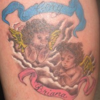 Two cherubs with golden wings tattoo