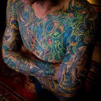Colorful large chest tattoo