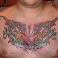 Decorated rose chest piece tattoo