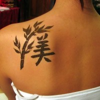 geroglifici cinesi sotto albero di bamboo tatuaggio sulla spalla