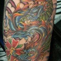 Classic style chinese dragon coloured tattoo