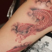 3d red chinese dragon hiding in clouds tattoo