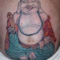 Freudiger Buddha mit etwas Seltsames in der Hand