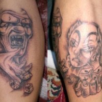 Two clowns with dice both leg tattoo