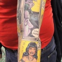 Comic book themed coloured sleeve tattoo