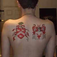Red and white heraldic symbols on back