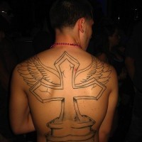 Winged cross tombstone tattoo on back