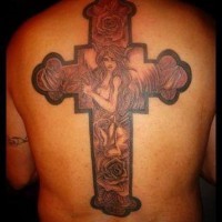 Large cross tattoo with angel in it