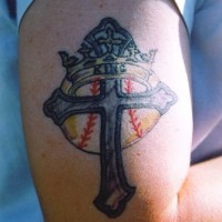 Cross and crown with baseball ball tattoo