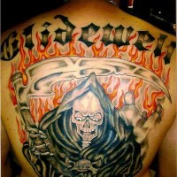 Full back death in flames tattoo