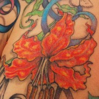 el tatuaje de una flor de lirio con una mariposa u otros detalles hecho en color