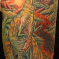 Dinosaur on comet fall landscape  tattoo