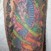 Colourful hydra dragon in roses tattoo