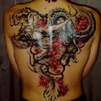 tatuaje en toda la espalda de dragón viejo sabio y sakura