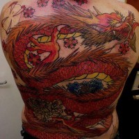 Tatuaggio impressionante sulla schiena il dragone rosso & i fiori rossi