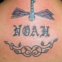 Tatuaje de libélula y nombre