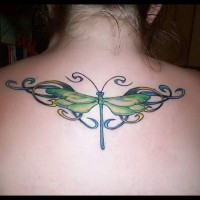 Green dragonfly with tracery tattoo on back