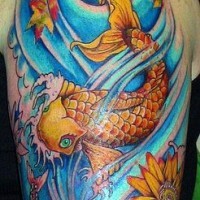 Golden koi fishes sleeve tattoo