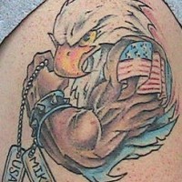 Humanized eagle with dog tags tattoo