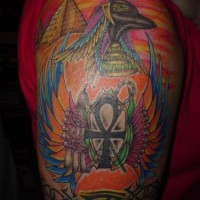 Egyptian anubis deity and ankh colourful tattoo
