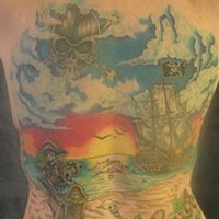 Pirate seascape themed full back tattoo