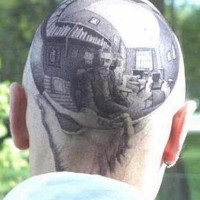 Escher autoportrait tattoo on head