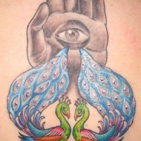Eye in hand with peacocks tattoo