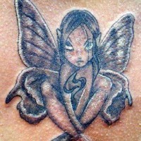 Cartoonish sitting fairy tattoo