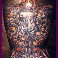 Fantastic biomech woman full back tattoo