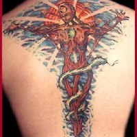 Colourful woman on cross surreal tattoo