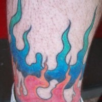 Blue and red fire leg tattoo