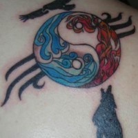 Yin and yang tattoo with wolf and eagle