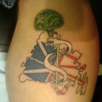 White snake and tree with flags tattoo